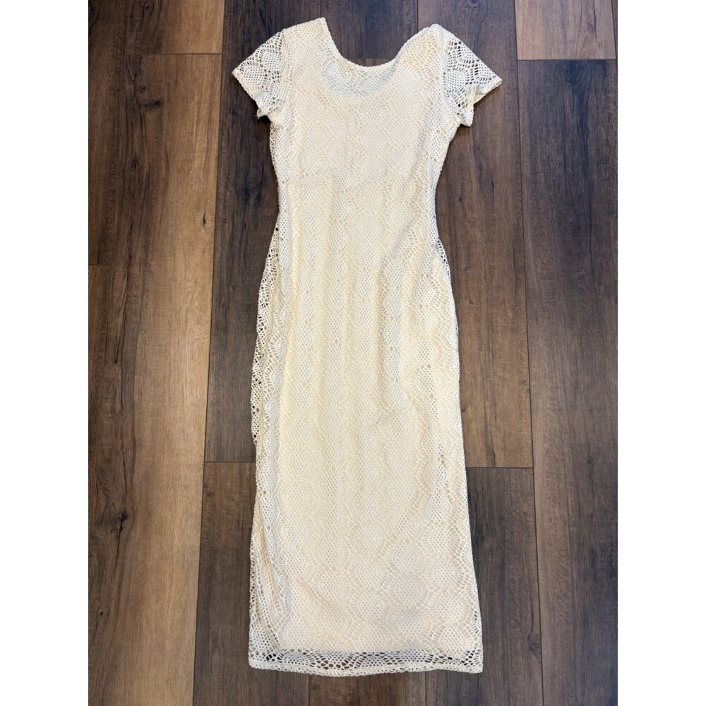 VTG‎ Newport News Ivory Crochet Lace Maxi Dress Size 12 Slit Cottagecore Boho